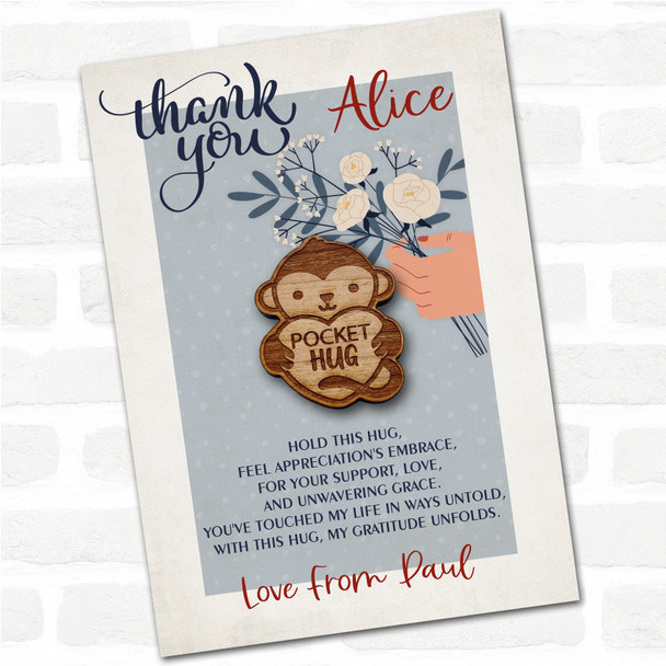 Monkey Heart Blue Flowers Thank You Personalised Gift Pocket Hug