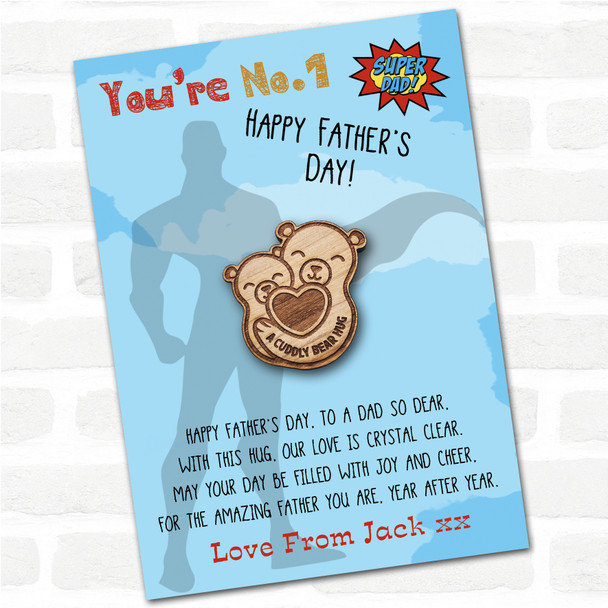 2 Bears Cuddling Superhero Dad Father's Day Personalised Gift Pocket Hug