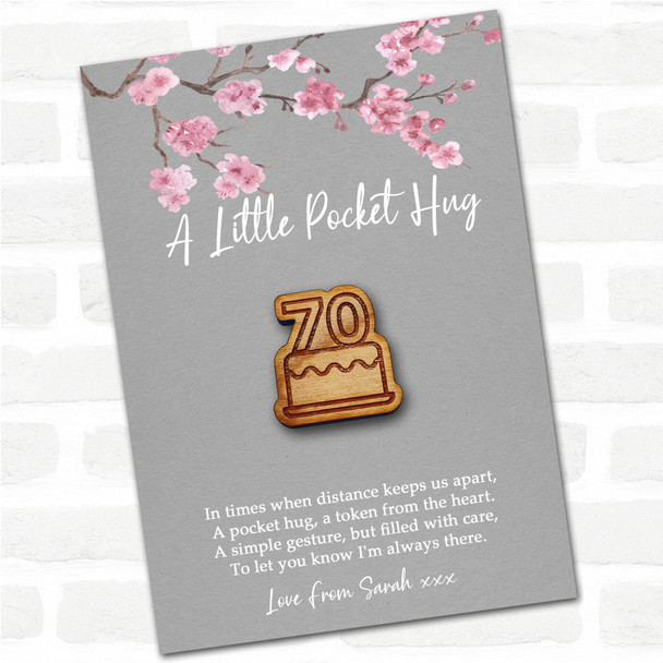 Birthday Cake 70 Candles Grey Pink Blossom Personalised Gift Pocket Hug