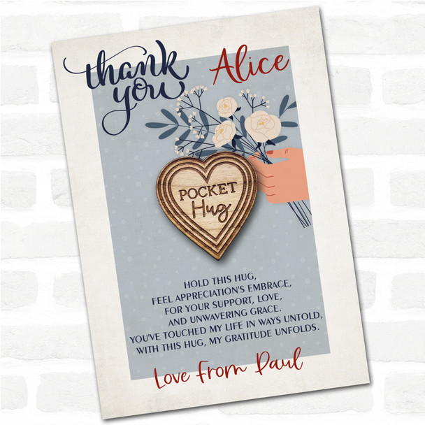 Hearts Pattern Blue Flowers Thank You Personalised Gift Pocket Hug