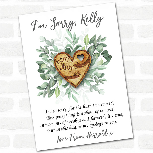 Cuddling Arms In Heart Leaves I'm Sorry Apology Personalised Gift Pocket Hug