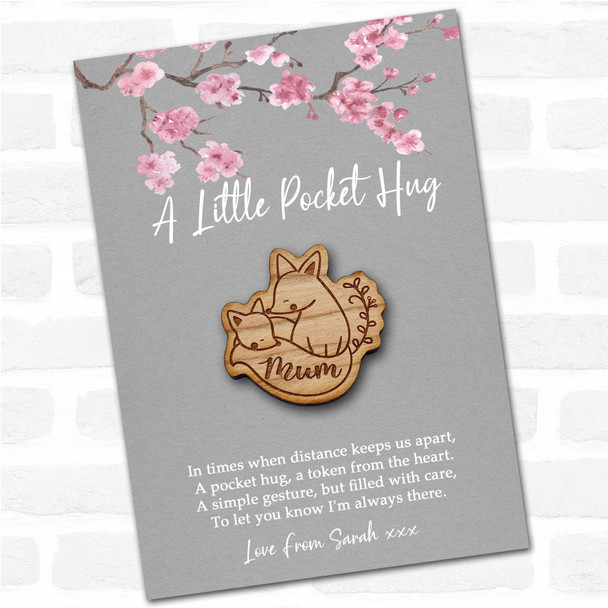 Fox Parent & Sleepy Cub Grey Pink Blossom Personalised Gift Pocket Hug