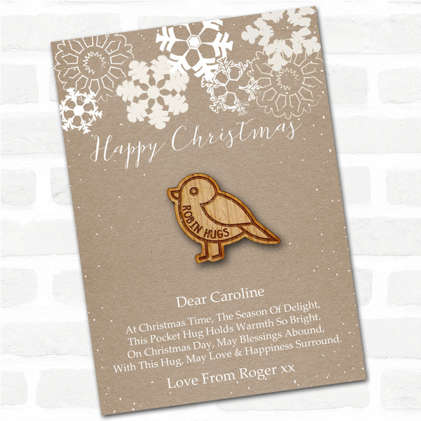 Little Robin Snowflakes Happy Christmas Personalised Gift Pocket Hug