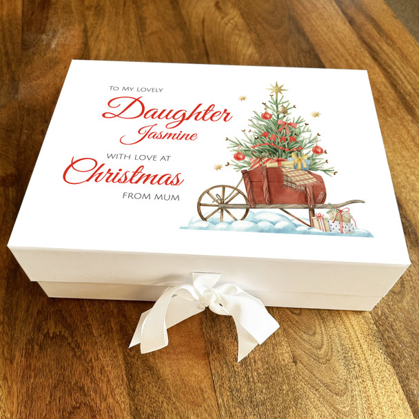 Lovely Daughter At Christmas Tree Wooden Cart Personalised Xmas Hamper Gift Box