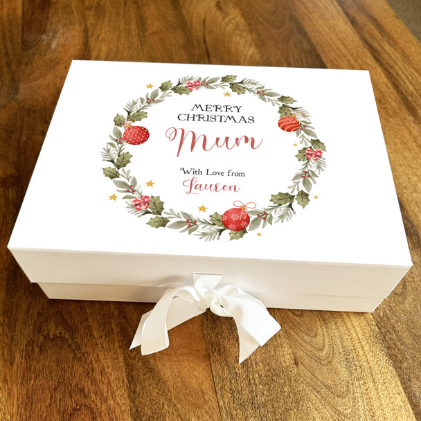 Merry Christmas Mum Festive Wreath Baubles Personalised Xmas Hamper Gift Box