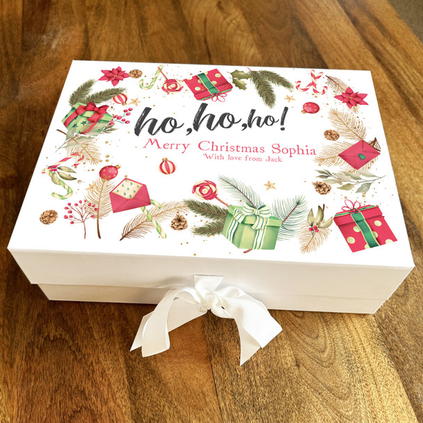 Merry Christmas Presents Wreath Festive Icons Ho Ho Ho Personalised Gift Box