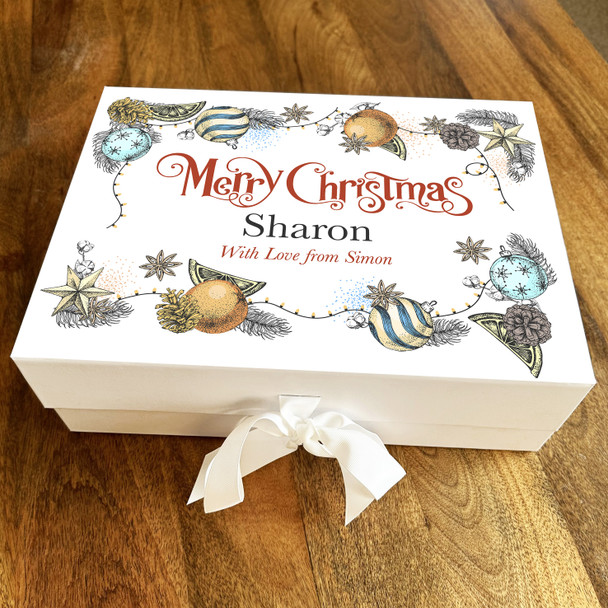 Vintage Merry Christmas Baubles Pine Cone Frame Personalised Hamper Gift Box