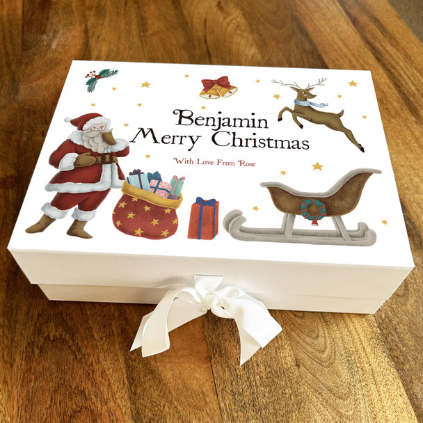 Vintage Style Santa Claus With Reindeer Merry Christmas Personalised Gift Box