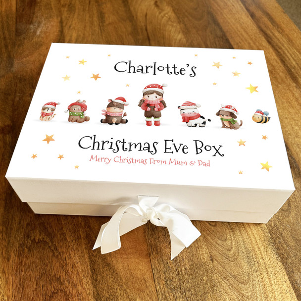 Watercolour Christmas Eve Box Girl With Winter Animals Personalised Gift Box