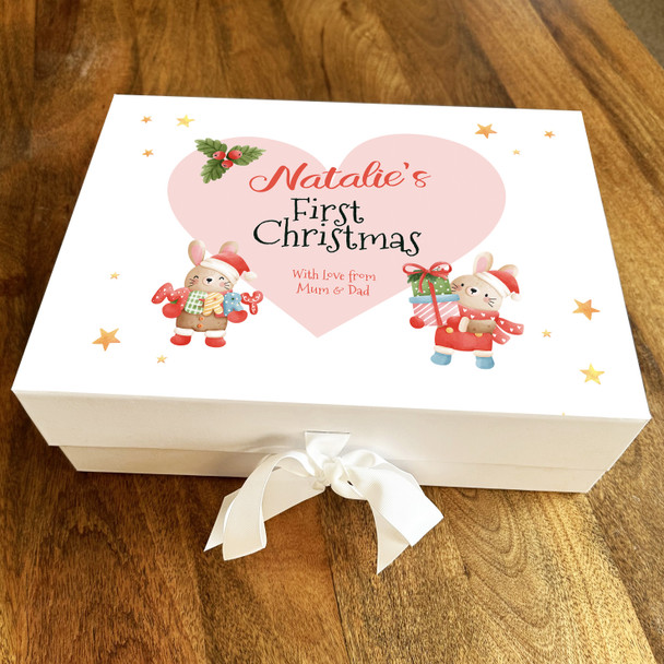 Babies 1st Christmas Rabbits Heart Festive Stars Personalised Hamper Gift Box