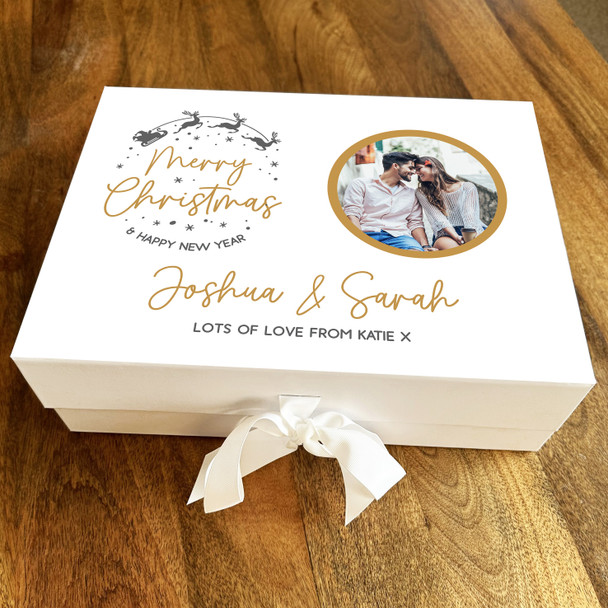 Couple Merry Christmas Gold Santa Sleigh Photo Personalised Xmas Hamper Gift Box