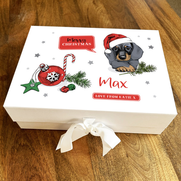Dachshund Santa Hat Merry Christmas Dog Stars Personalised Xmas Hamper Gift Box