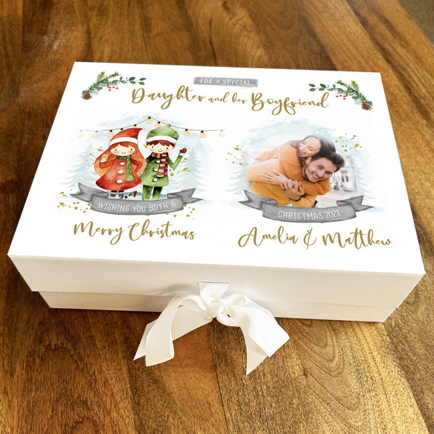 Daughter & Boyfriend Christmas Photo Festive Watercolour Personalised Gift Box