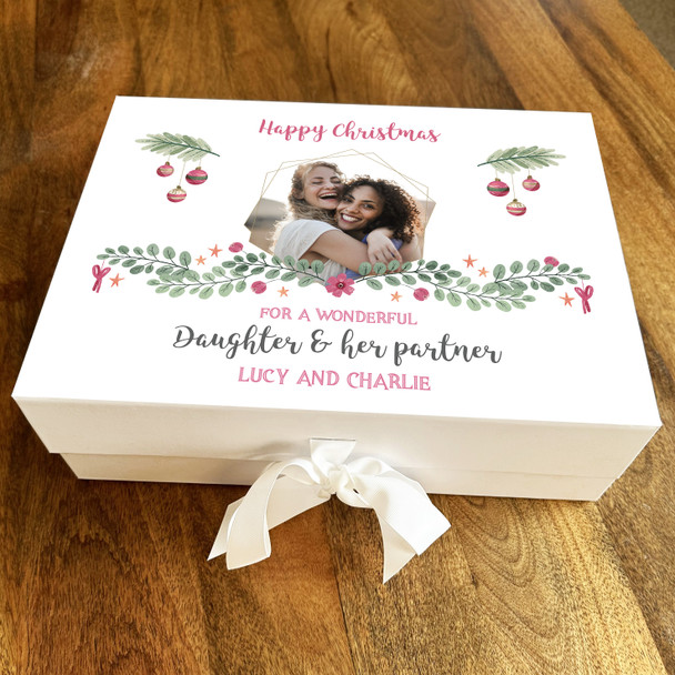 Daughter and Her Partner Happy Christmas Pink Floral Photo Personalised Gift Box