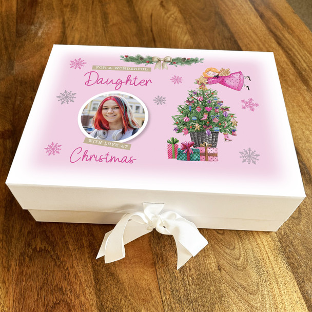 Daughter With Love At Christmas Pink Photo Tree Personalised Hamper Gift Box