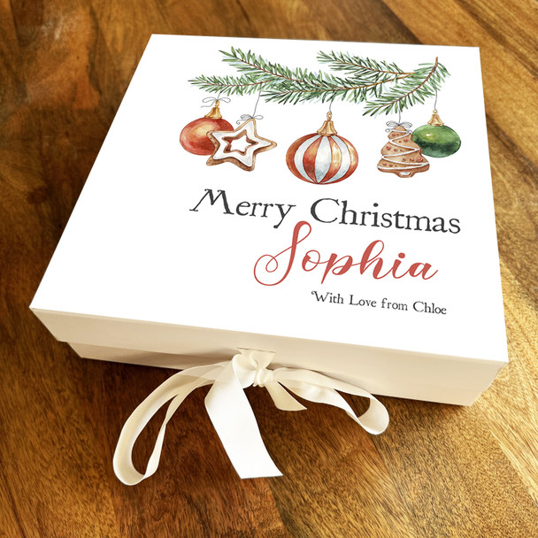 Merry Christmas Branch With Baubles Watercolour Personalised Square Gift Box