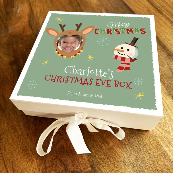 Merry Christmas Eve Box Reindeer Photo Snowman Green Personalised Gift Box