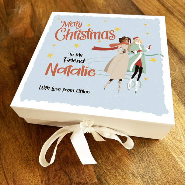 Merry Christmas Friends Women Ice Skating Personalised Square Hamper Gift Box