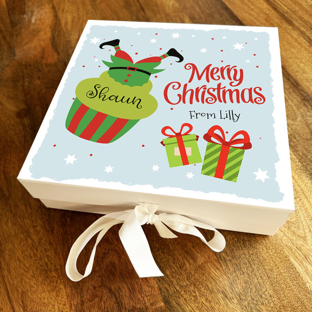 Merry Christmas Funny Elf Cupcake Bright Gifts Personalised Square Gift Box