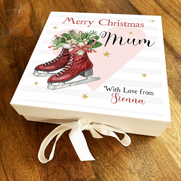 Merry Christmas Mum Red Ice Skates Winter Floral Personalised Square Gift Box