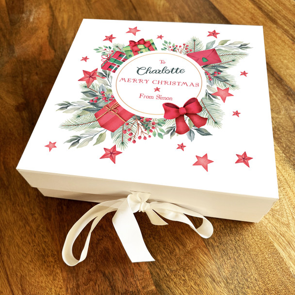 Merry Christmas Presents Floral Red Winter Wreath Personalised Square Gift Box