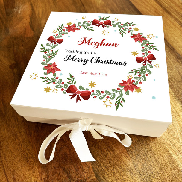 Merry Christmas Red Floral Holly & Bows Wreath Personalised Square Gift Box
