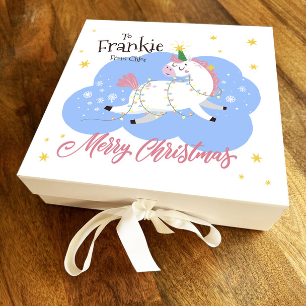 Merry Christmas Unicorn Bright Pastels Fairy Lights Stars Personalised Gift Box