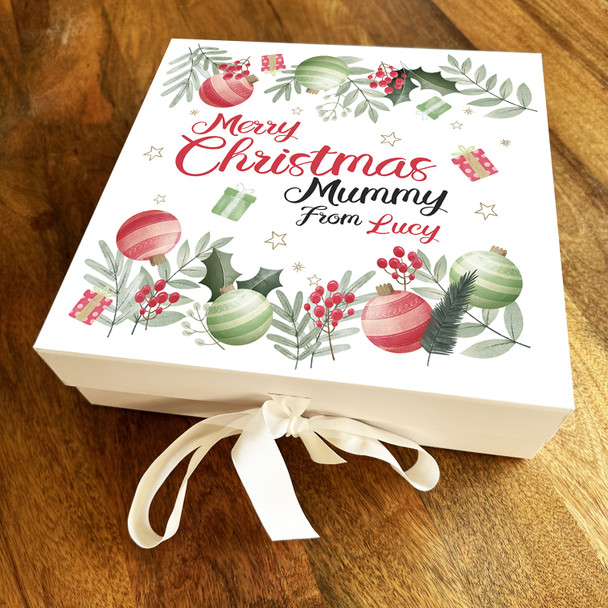 Merry Christmas Winter Berry Floral Mummy Personalised Square Hamper Gift Box