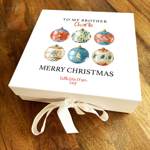 My Brother Merry Christmas Vintage Baubles Personalised Square Hamper Gift Box