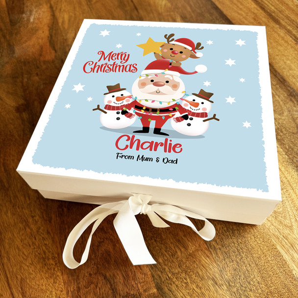 Christmas Reindeer Santa Claus Blue & White Snowflakes Personalised Gift Box