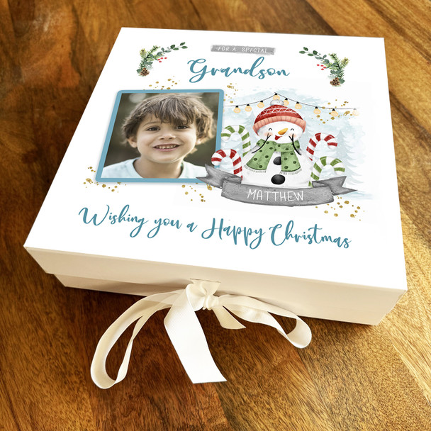 Special Grandson Snowman Happy Christmas Photo Personalised Square Gift Box