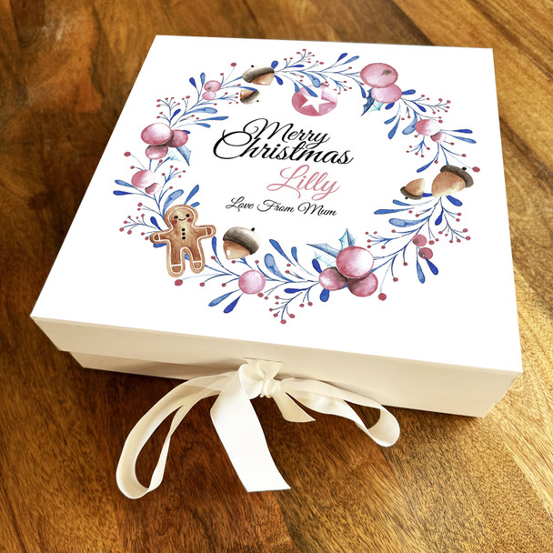 Watercolour Blue and Pink Merry Christmas Wreath Personalised Square Gift Box