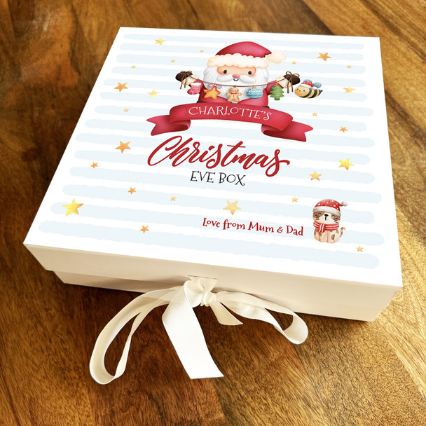 Watercolour Santa Claus & Cat Christmas Eve Box Personalised Square Gift Box