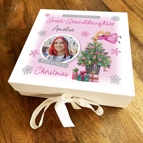 Wonderful Great Granddaughter Christmas Photo Pink Tree Personalised Gift Box