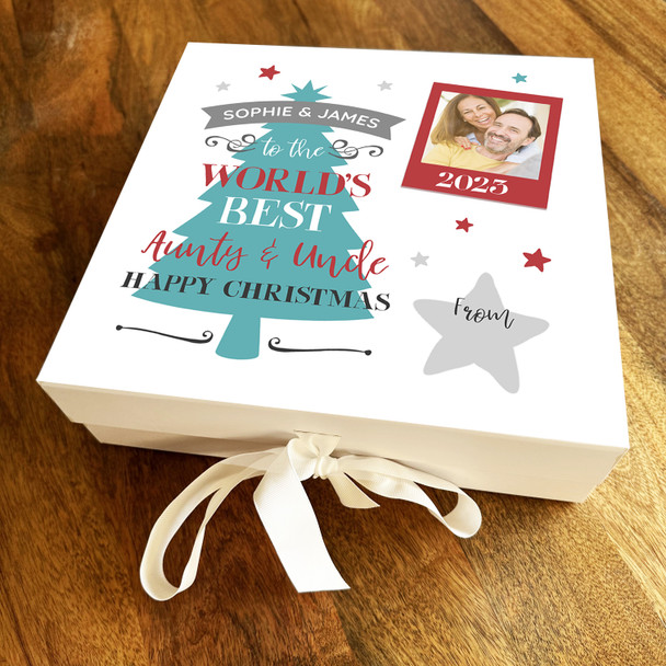 World's Best Aunty and Uncle Christmas Tree Photo  Personalised Square Gift Box