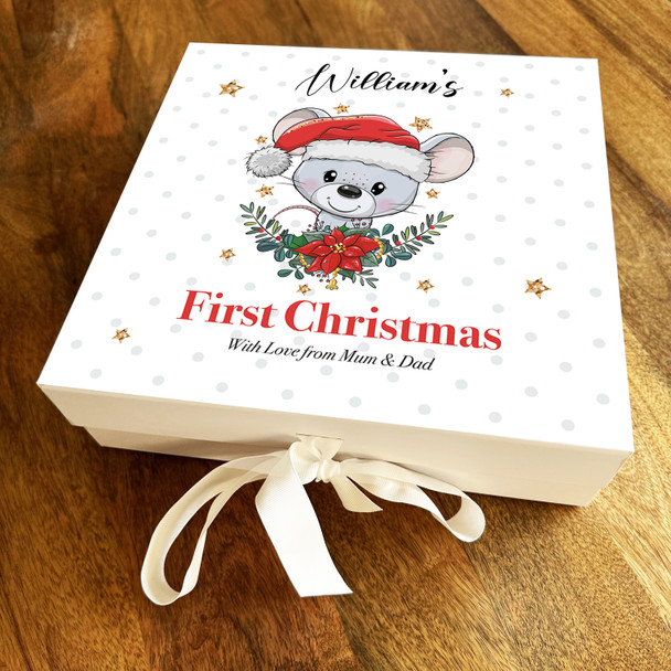 Babies 1st Christmas Mouse Polka Dot Stars Personalised Square Hamper Gift Box