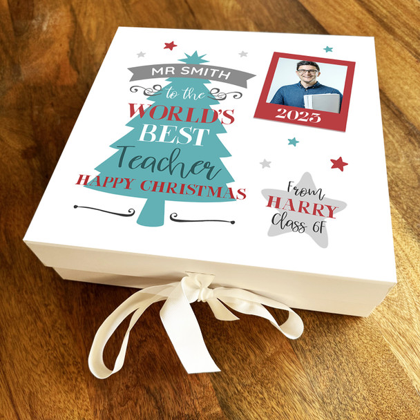 World's Best Teacher Christmas Tree Photo  Personalised Square Hamper Gift Box