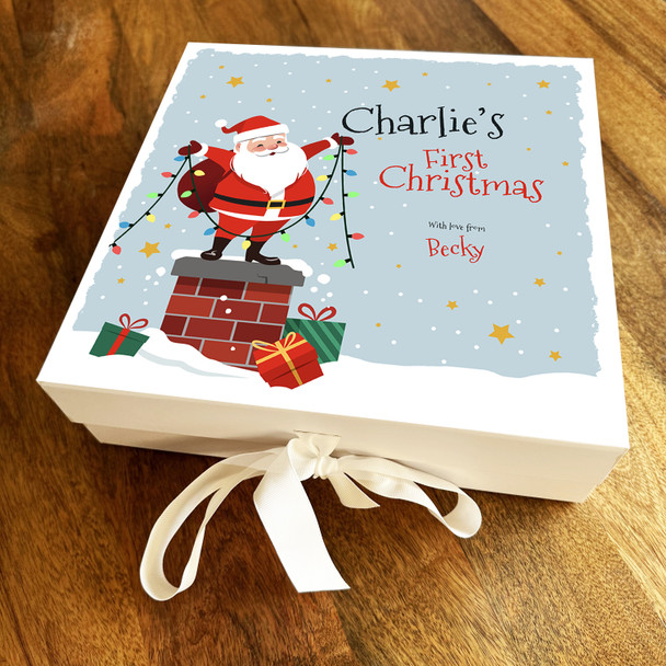 Babies 1st Christmas Santa Claus On The Roof Personalised Square Hamper Gift Box