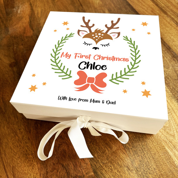 Babies 1st Christmas Sleeping Reindeer Stars Wreath Personalised Square Gift Box
