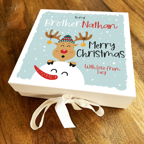 Brother Merry Christmas Cute Reindeer & Snowman Personalised Square Gift Box