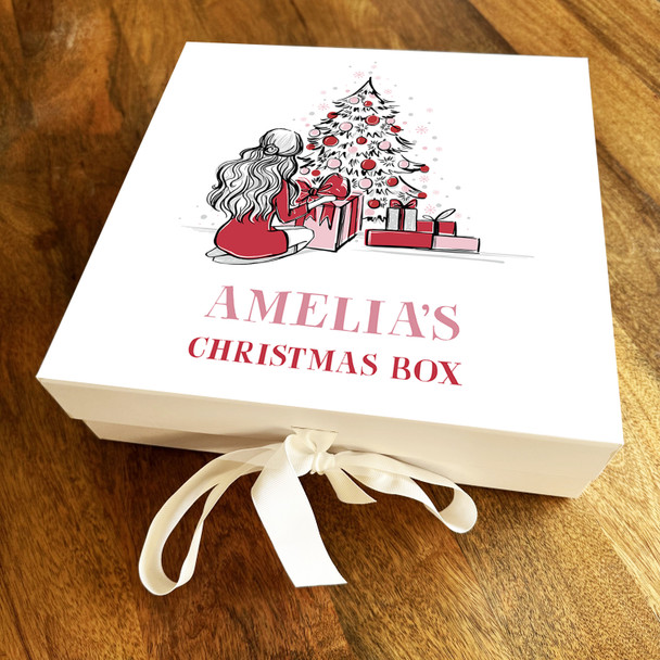 Christmas Box Girl Pink Tree Festive Scene Personalised Square Hamper Gift Box