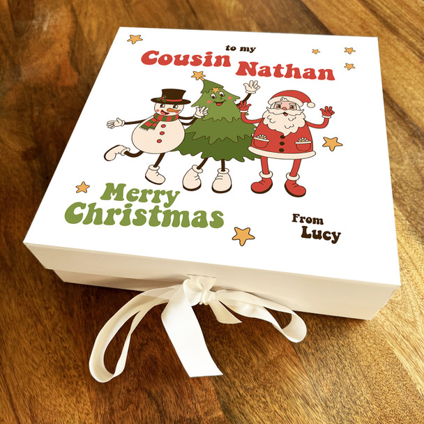 Cousin Groovy Merry Christmas Santa Claus & Snowman Personalised Square Gift Box