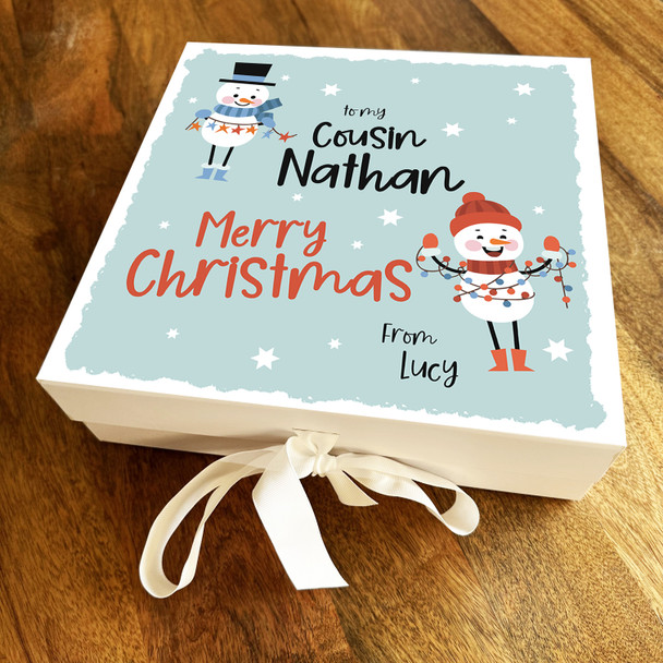 Cousin Teal Groovy Christmas Snowmen Stars Personalised Square Hamper Gift Box