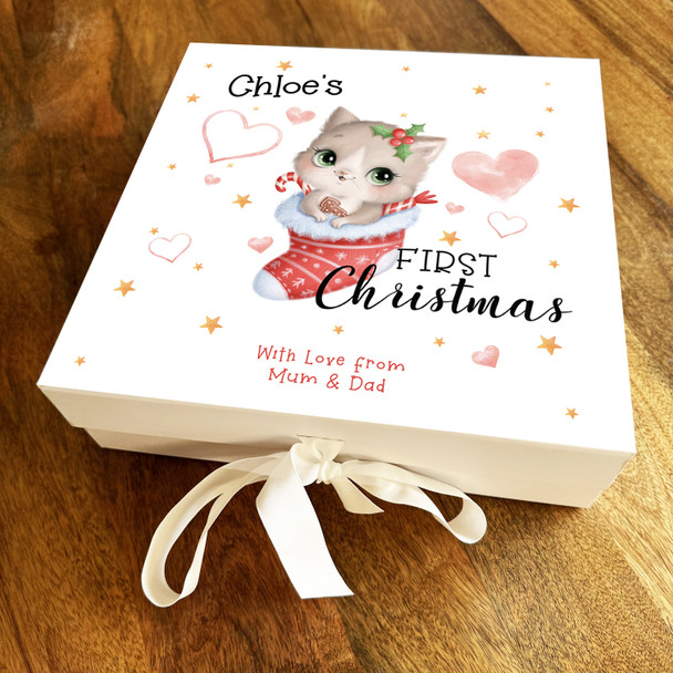 First Christmas Kitten Sock Pink Hearts & Stars Personalised Square Gift Box