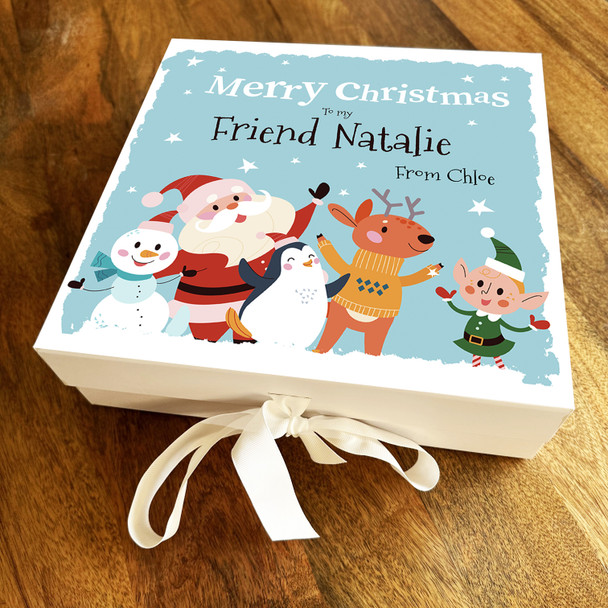 Friend Merry Christmas Santa Claus With Animals Blue Personalised Gift Box