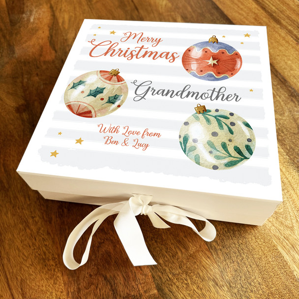 Grandmother Merry Christmas Bright Watercolour Baubles Personalised Gift Box