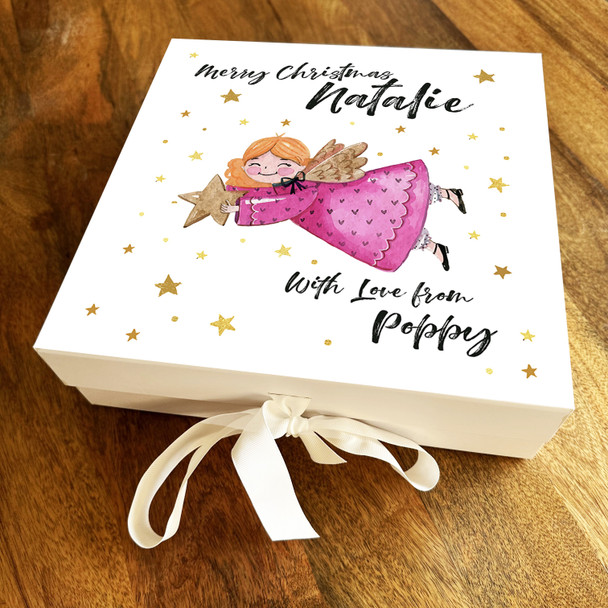 Merry Christmas Angel Pink Dress Stars Personalised Xmas Square Hamper Gift Box