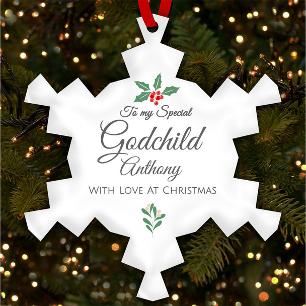 Special Godchild With Love Holly Personalised Christmas Tree Ornament Decoration