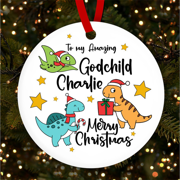 Amazing Godchild Dinosaurs Stars Personalised Christmas Tree Ornament Decoration