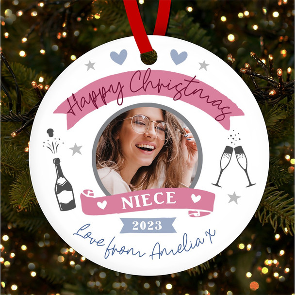 Niece Photo Pink & Purple Cheers Personalised Christmas Tree Ornament Decoration